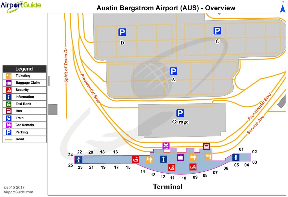 Austin Bergstrom l'aeroport internacional mapa