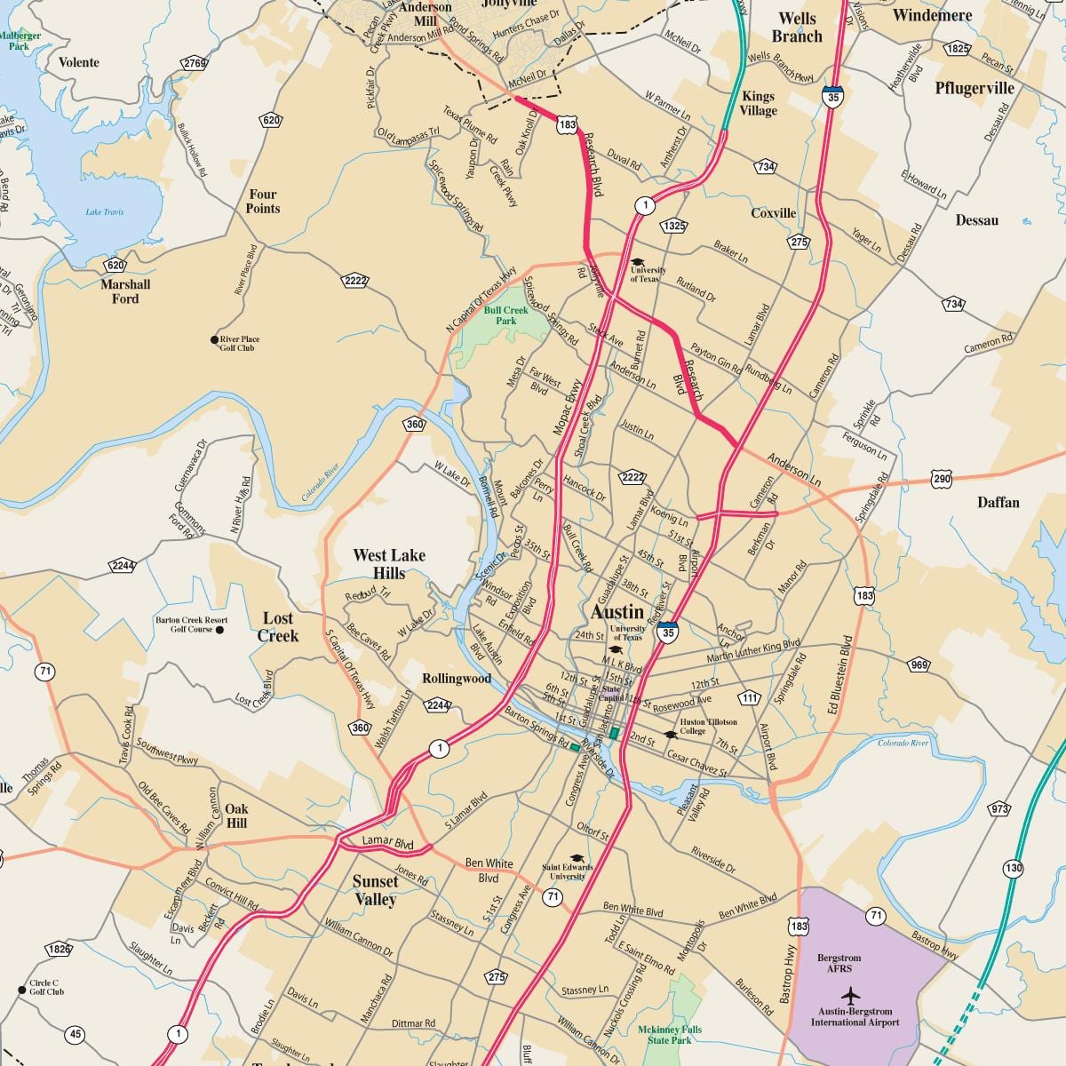 mapa de Austin texas i ciutats properes